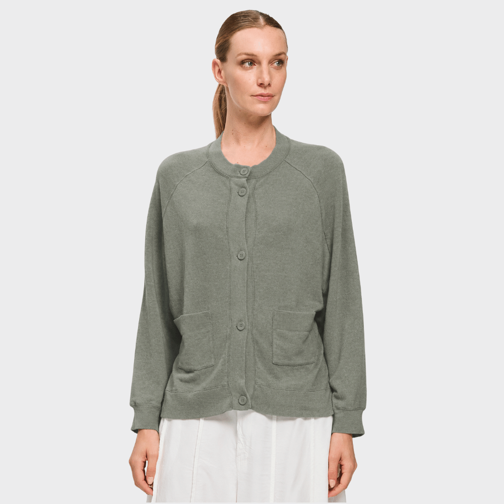 Transit Par Such Contrast Knit Drawstring Cardigan in muted sage green – front view