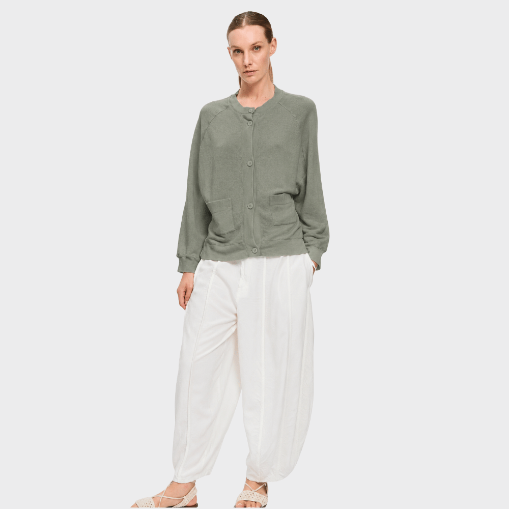 Transit Par Such Contrast Knit Drawstring Cardigan in muted sage green – full body front view