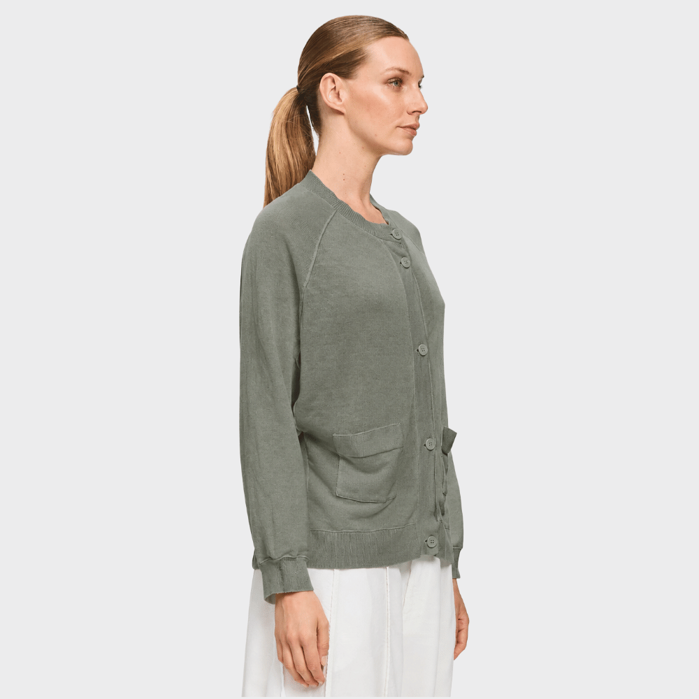 Transit Par Such Contrast Knit Drawstring Cardigan in muted sage green – side view