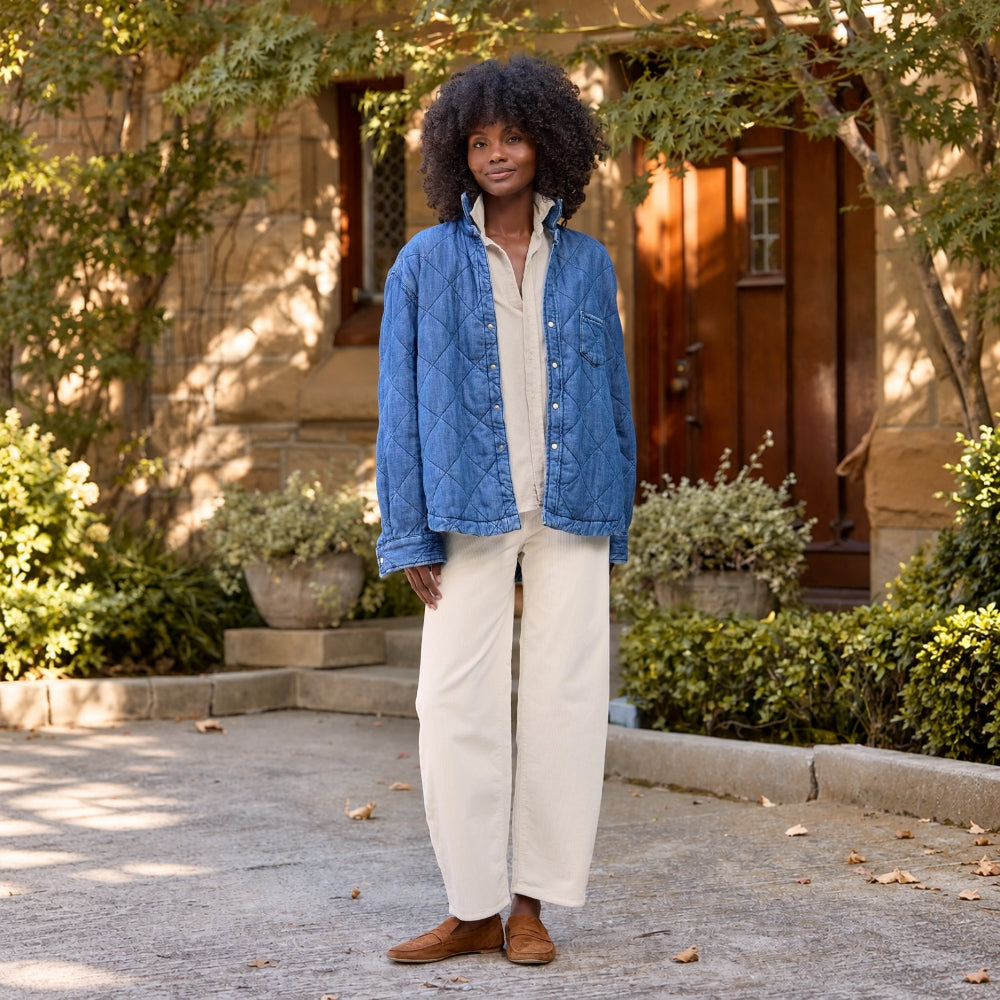 Frank & Eileen Eileen Quilted Shirt Jacket in distressed indigo diamond-quilted denim - styled model full front view