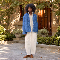 Frank & Eileen Eileen Quilted Shirt Jacket in distressed indigo diamond-quilted denim - styled model full front view