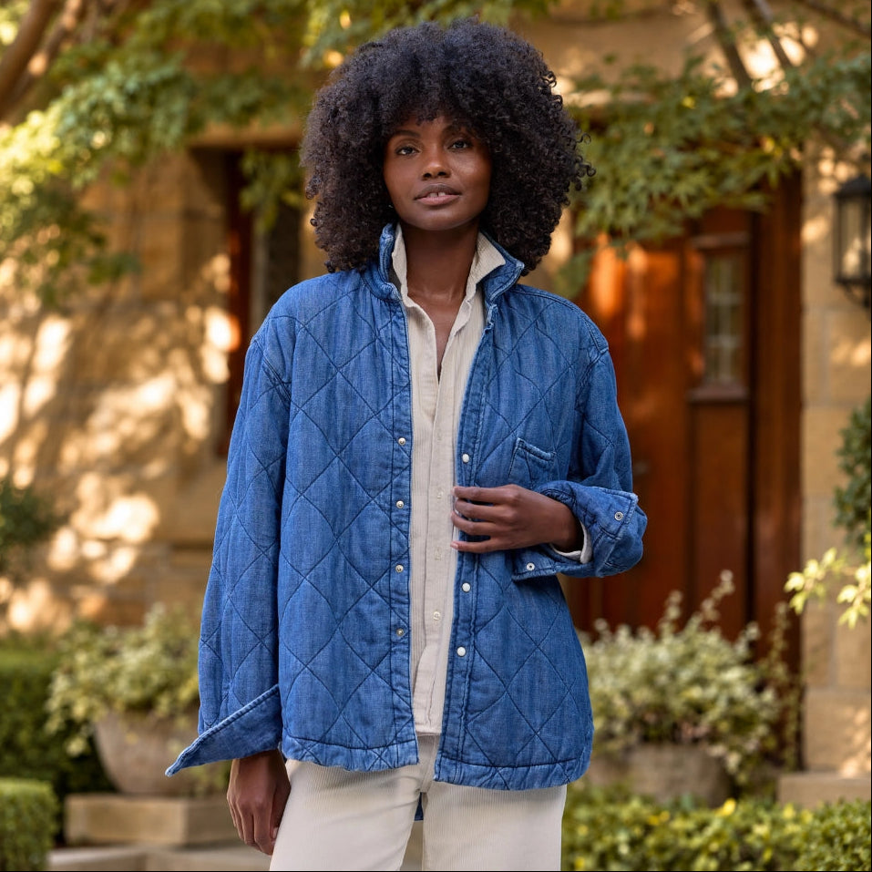 Frank & Eileen Eileen Quilted Shirt Jacket in distressed indigo diamond-quilted denim, front view