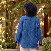 Frank & Eileen Eileen Quilted Shirt Jacket in distressed indigo diamond-quilted denim - styled model back view