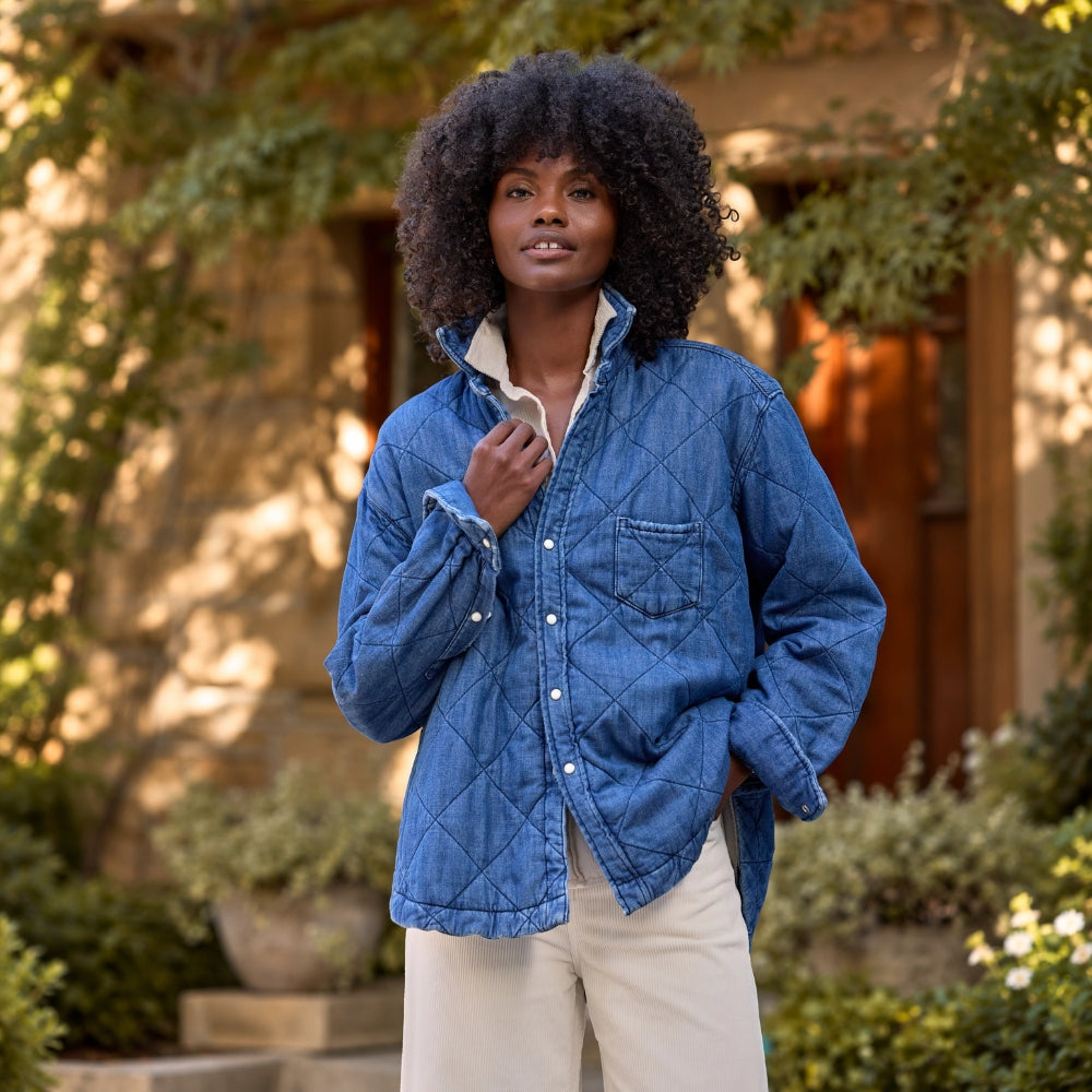 Frank & Eileen Eileen Quilted Shirt Jacket in distressed indigo diamond-quilted denim - styled model front view