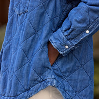 Frank & Eileen Eileen Quilted Shirt Jacket in distressed indigo diamond-quilted denim - close-up pocket detail