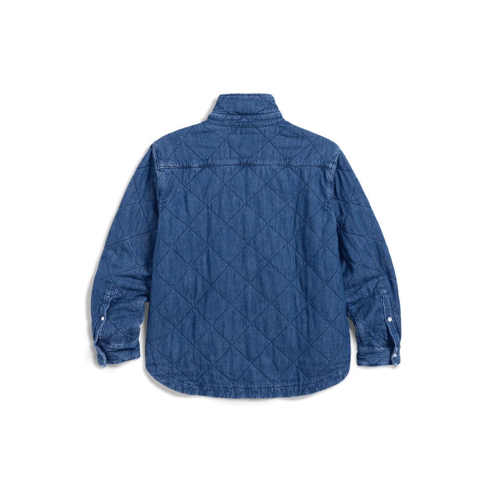 Frank & Eileen Eileen Quilted Shirt Jacket in distressed indigo diamond-quilted denim - back view