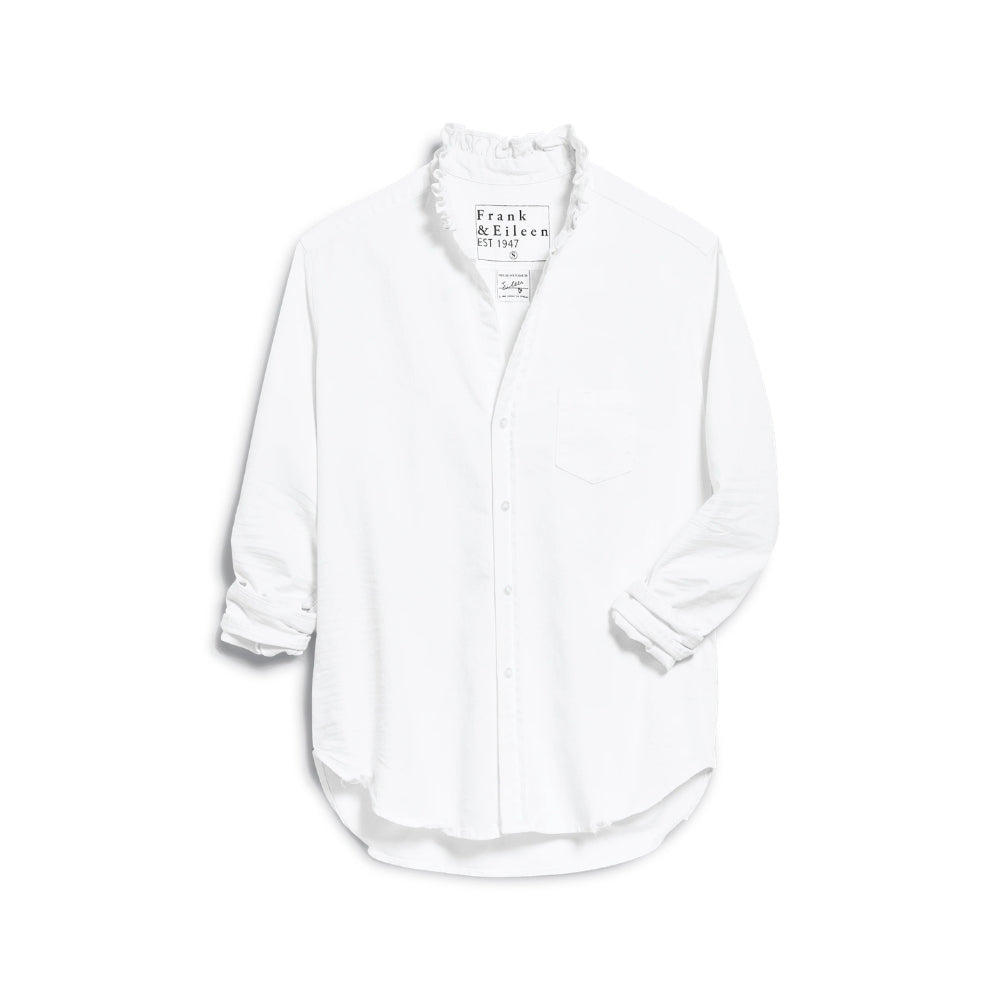 Frank & Eileen Eileen ruffle collar button-up shirt in white denim, front