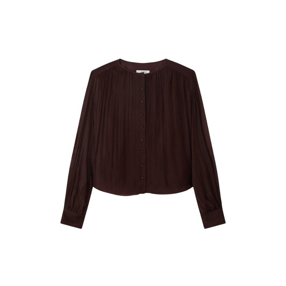 JOSEPH Elisa silk chiffon blouse in mahogany with a round neckline and blouson sleeves, front view