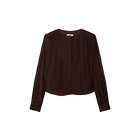 JOSEPH Elisa silk chiffon blouse in mahogany with a round neckline and blouson sleeves, front view