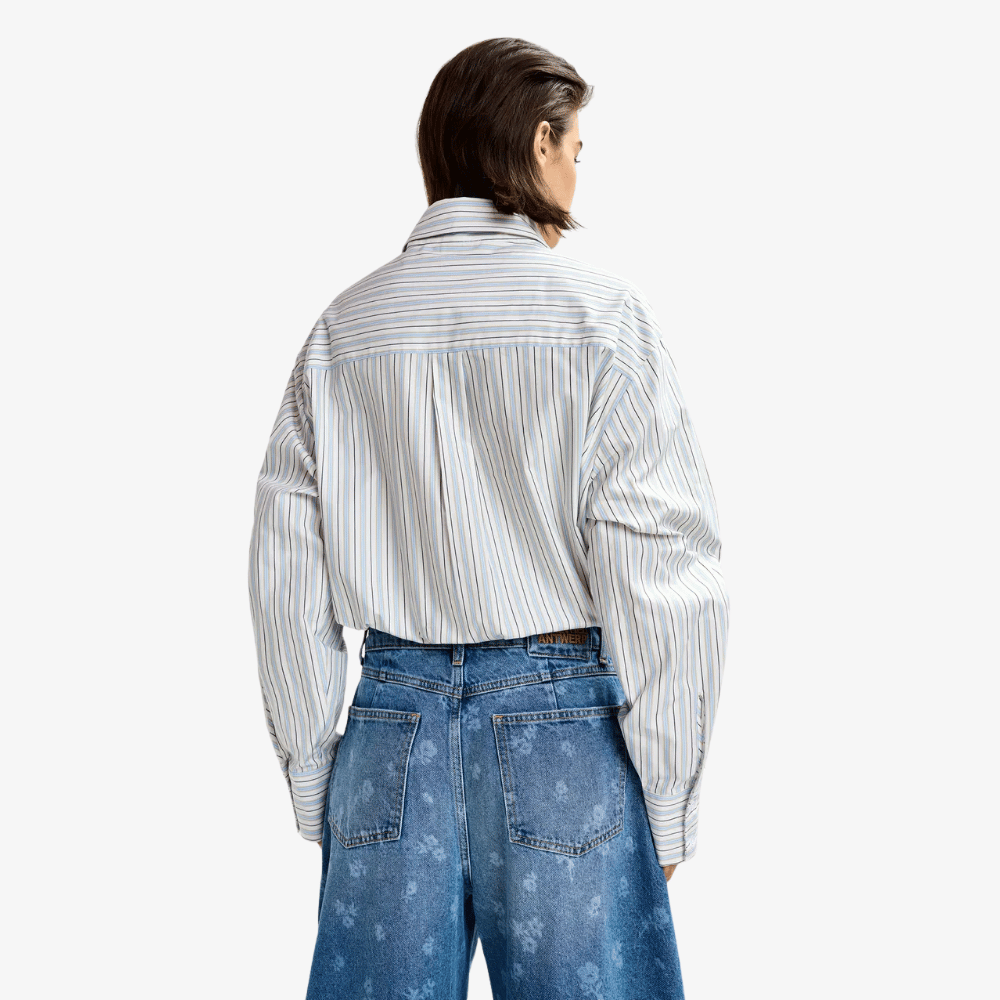 Essential Antwerp Jomato Oversized Striped Tie-Neck Shirt in Nile Blue – International designer fashion boutique Australia Riada Concept Woollahra