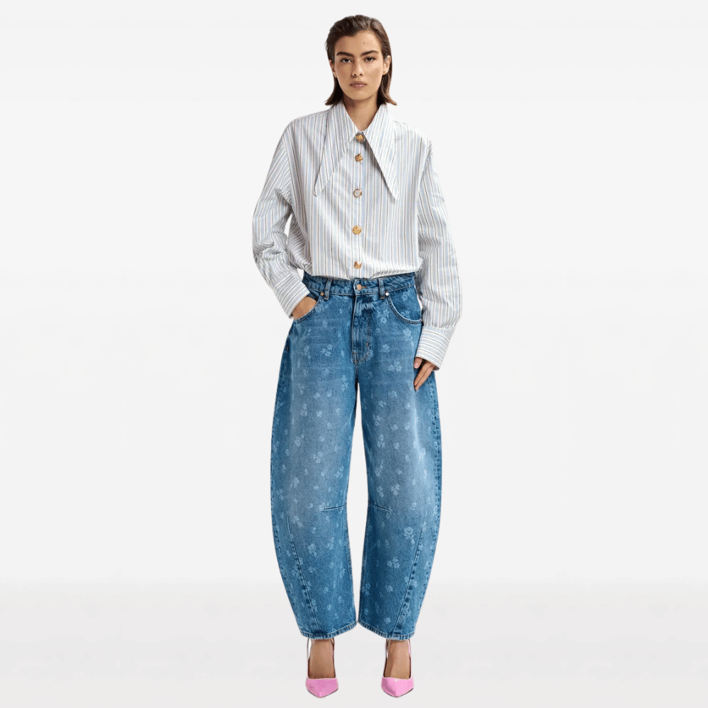 Essential Antwerp Jomato Oversized Striped Tie-Neck Shirt in Nile Blue – International designer fashion boutique Australia Riada Concept Woollahra