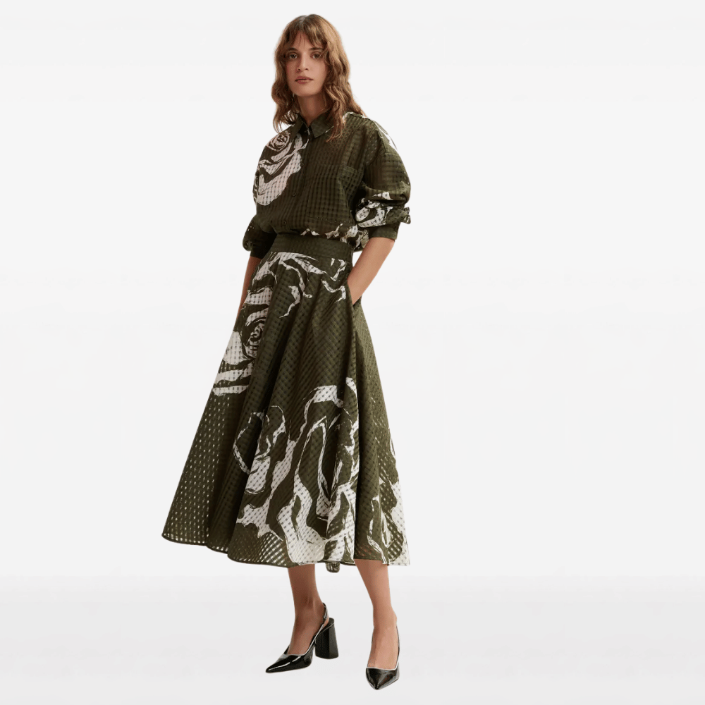 Essentiel Antwerp Jango Floral Pleated Midi Skirt in Olive Martini – International designer fashion boutique Australia Riada Concept Woollahra