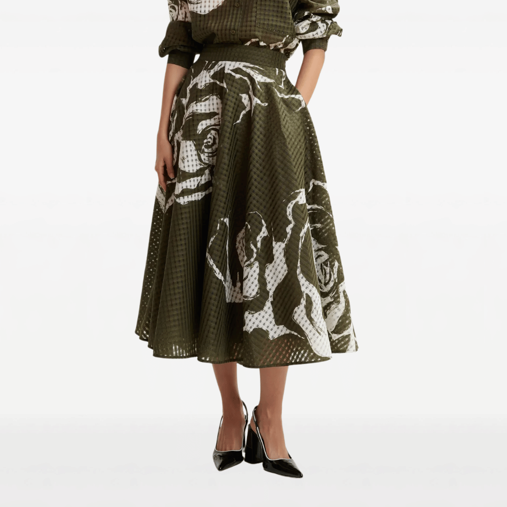 Essentiel Antwerp Jango Floral Pleated Midi Skirt in Olive Martini – International designer fashion boutique Australia Riada Concept Woollahra