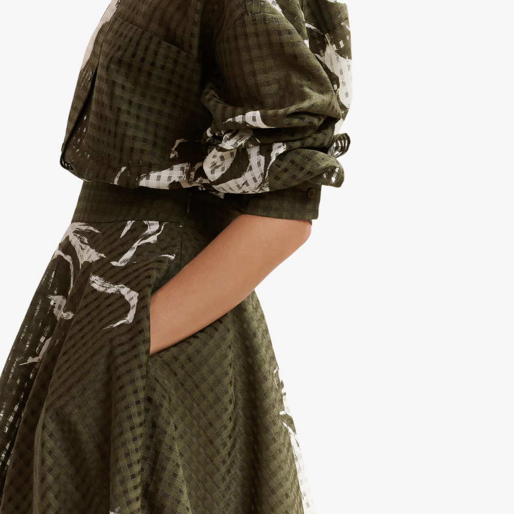 Essentiel Antwerp Jango Floral Pleated Midi Skirt in Olive Martini – International designer fashion boutique Australia Riada Concept Woollahra