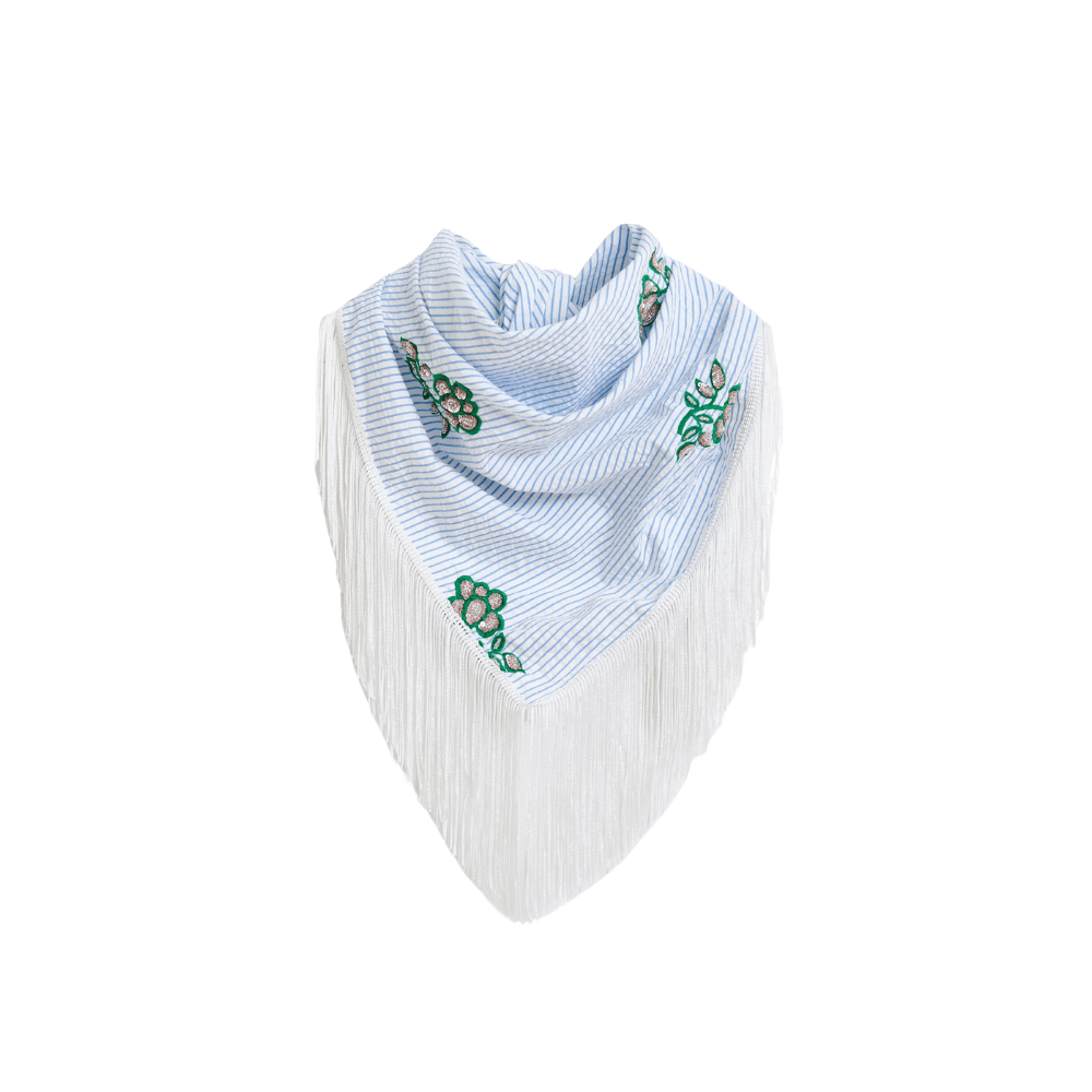 Essentiel Antwerp Jennie Pinstripe Cotton Fringe Scarf in Blue Stripe – International designer fashion boutique Australia Riada Concept Woollahra