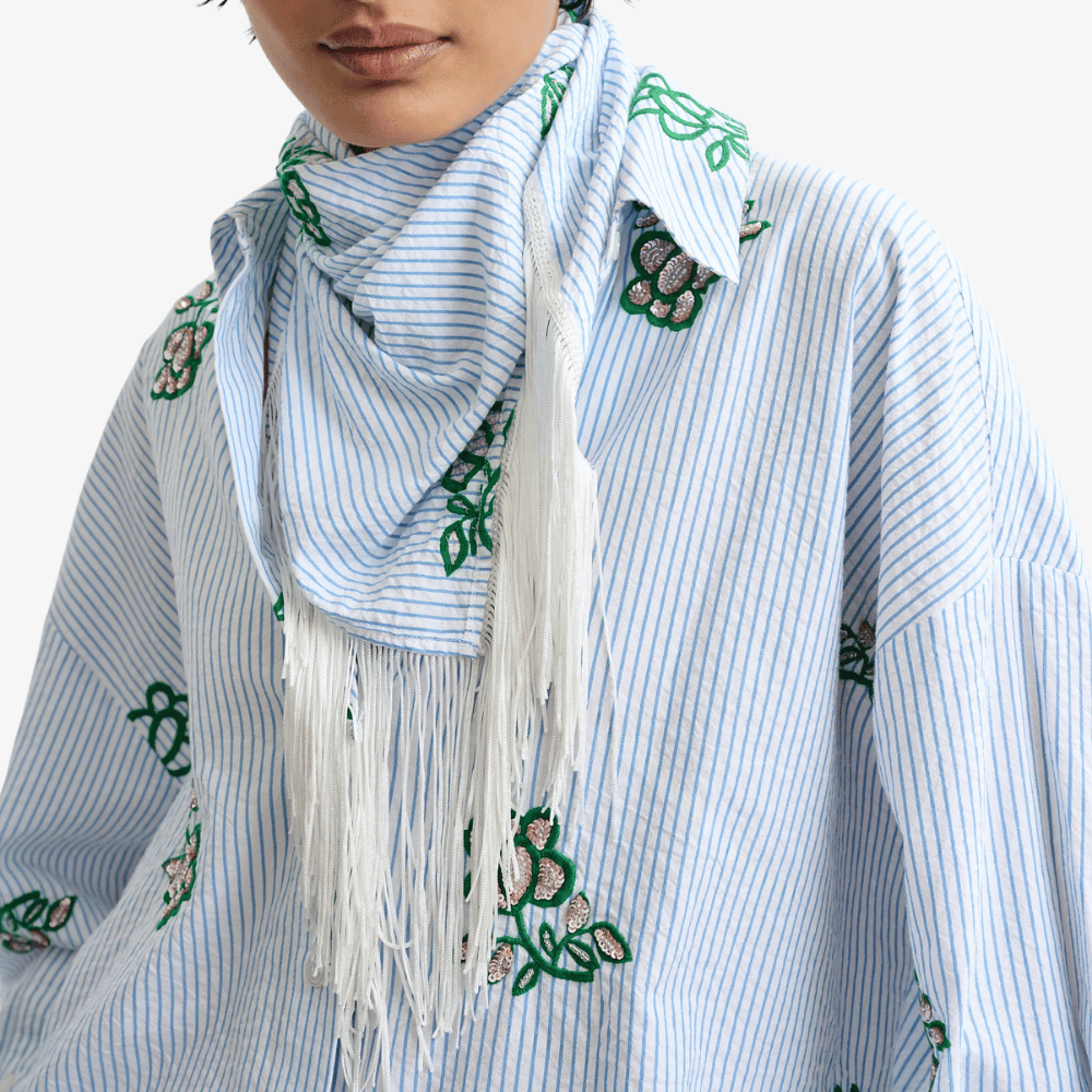 Essentiel Antwerp Jennie Pinstripe Cotton Fringe Scarf in Blue Stripe – International designer fashion boutique Australia Riada Concept Woollahra