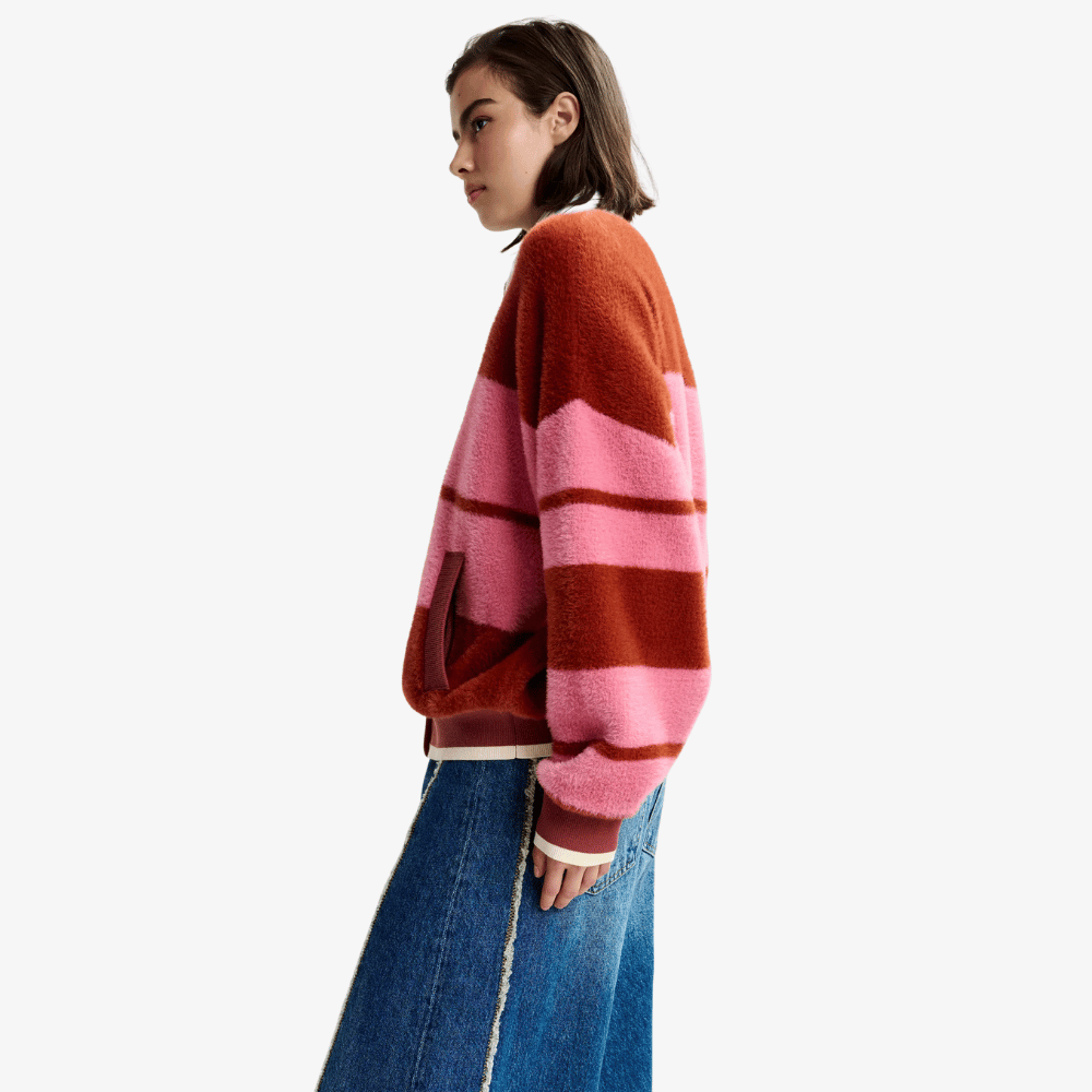 Essentiel Antwerp Jicama Plush Bomber Cardigan in Red and Pink Stripe – International designer fashion boutique Australia Riada Concept Woollahra