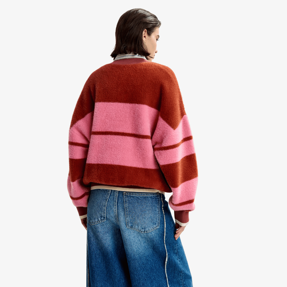 Essentiel Antwerp Jicama Plush Bomber Cardigan in Red and Pink Stripe – International designer fashion boutique Australia Riada Concept Woollahra