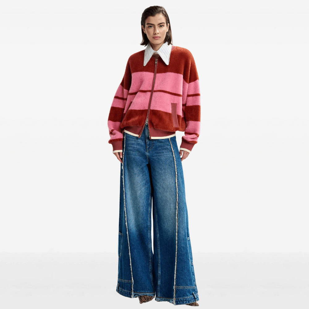 Essentiel Antwerp Jicama Plush Bomber Cardigan in Red and Pink Stripe – International designer fashion boutique Australia Riada Concept Woollahra