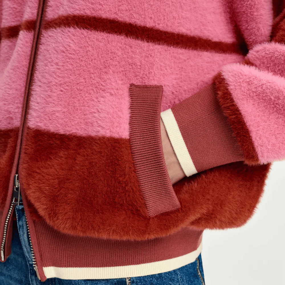 Essentiel Antwerp Jicama Plush Bomber Cardigan in Red and Pink Stripe – International designer fashion boutique Australia Riada Concept Woollahra