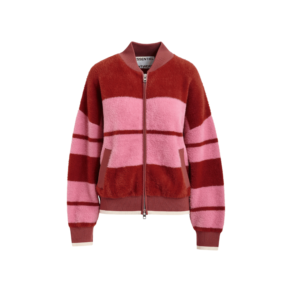 Essentiel Antwerp Jicama Plush Bomber Cardigan in Red and Pink Stripe – International designer fashion boutique Australia Riada Concept Woollahra