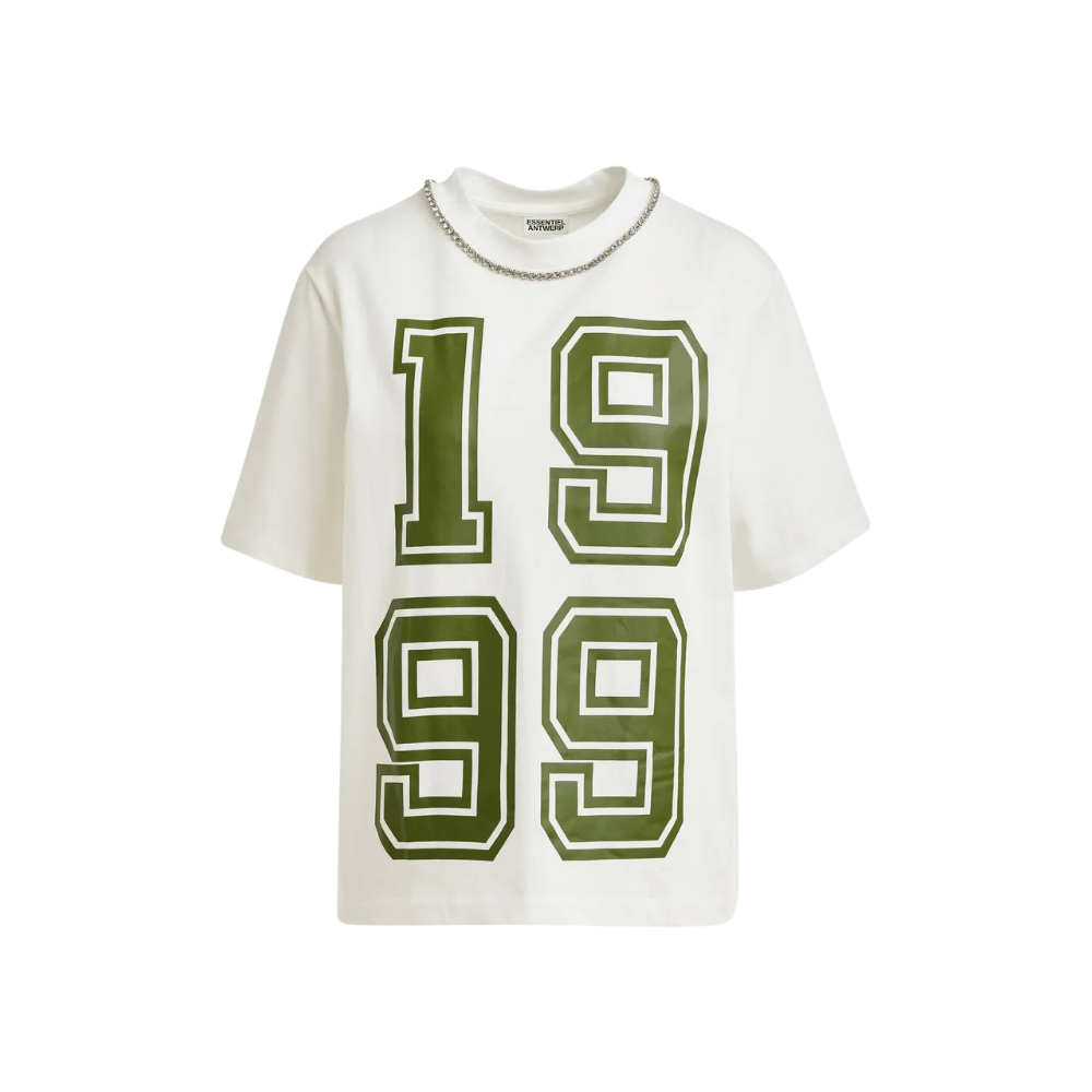 Essentiel Antwerp Jisos Rhinestone Number Print T-Shirt in Off White – International designer fashion boutique Australia Riada Concept Woollahra
