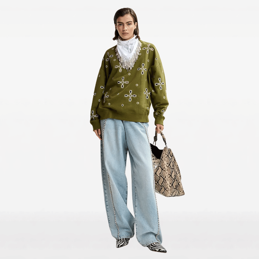 Essentiel Antwerp Jix Embroidered Cotton Sweatshirt in Olive Martini – International designer fashion boutique Australia Riada Concept Woollahra
