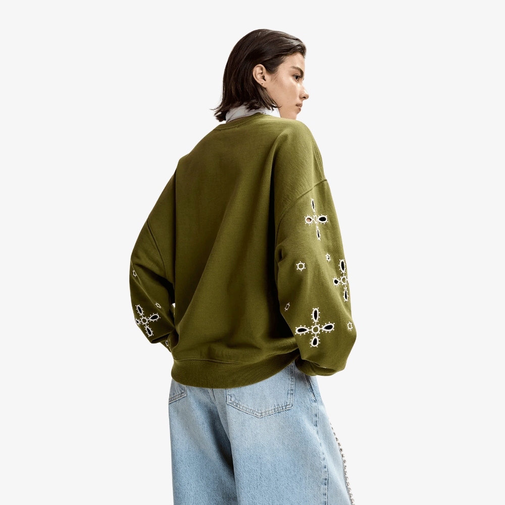Essentiel Antwerp Jix Embroidered Cotton Sweatshirt in Olive Martini – International designer fashion boutique Australia Riada Concept Woollahra