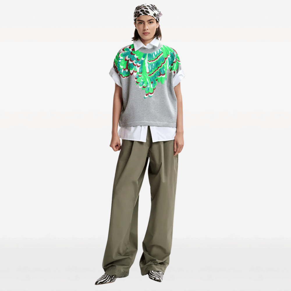Essentiel Antwerp Jolies Sequin Feather Sweatshirt in Foggy Brain – International designer fashion boutique Australia Riada Concept Woollahra