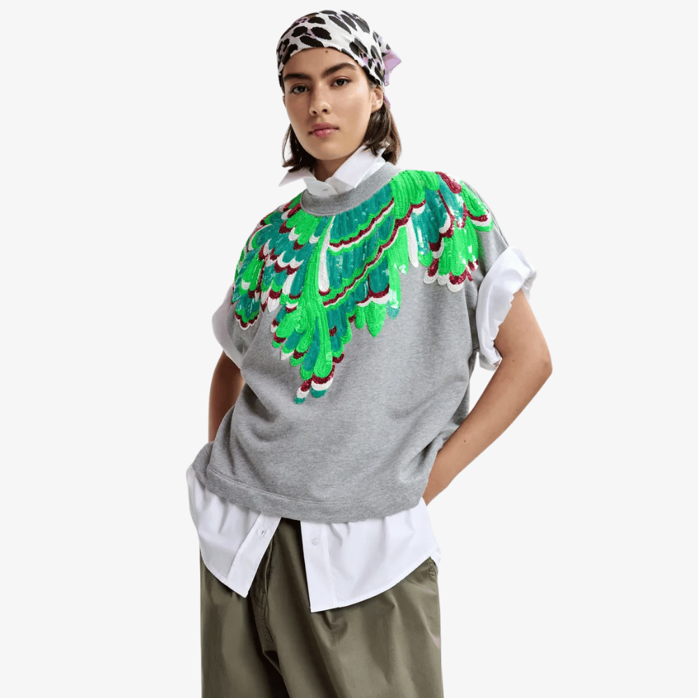 Essentiel Antwerp Jolies Sequin Feather Sweatshirt in Foggy Brain – International designer fashion boutique Australia Riada Concept Woollahra
