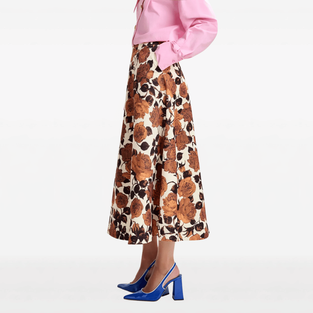 Essentiel Antwerp Julio A-Line Midi Skirt in Brown Floral – International designer fashion boutique Australia Riada Concept Woollahra
