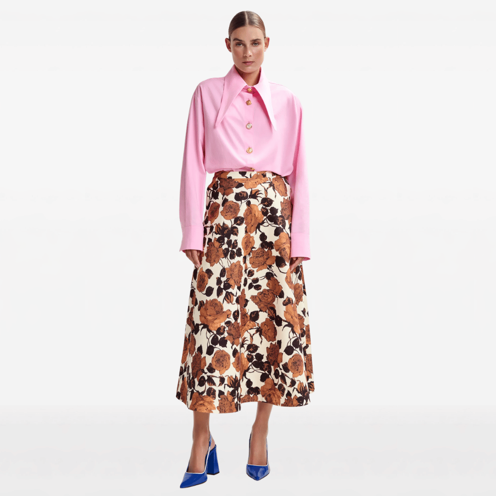 Essentiel Antwerp Julio A-Line Midi Skirt in Brown Floral – International designer fashion boutique Australia Riada Concept Woollahra