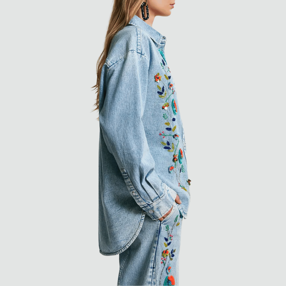 Essentiel Antwerp Icksonville Embellished Denim Shirt in Blue – International designer fashion boutique Australia Riada Concept Woollahra