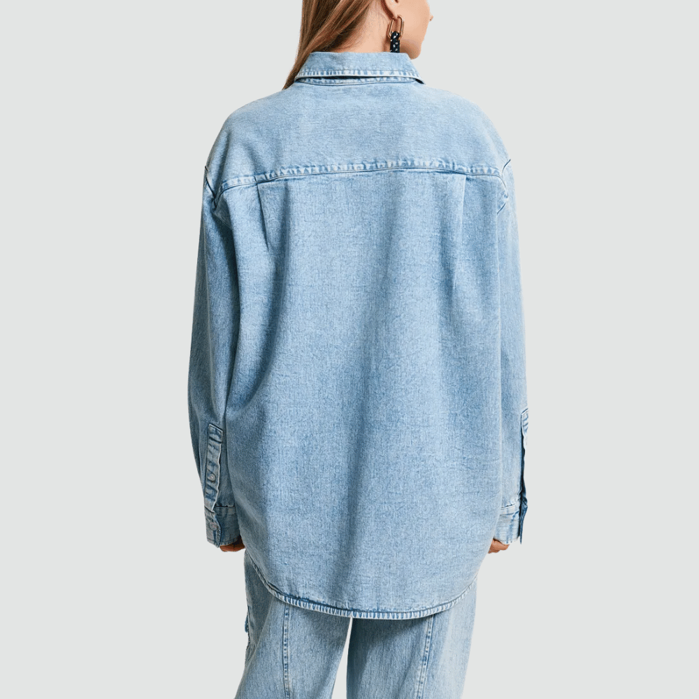 Essentiel Antwerp Icksonville Embellished Denim Shirt in Blue – International designer fashion boutique Australia Riada Concept Woollahra