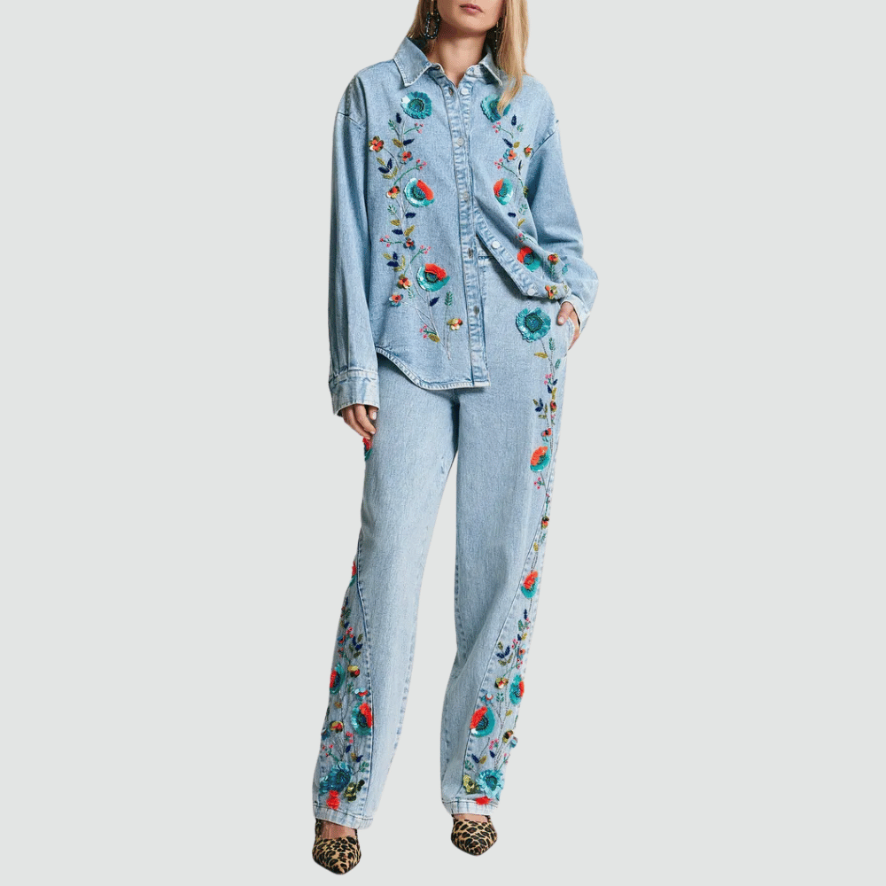 Essentiel Antwerp Icksonville Embellished Denim Shirt in Blue – International designer fashion boutique Australia Riada Concept Woollahra