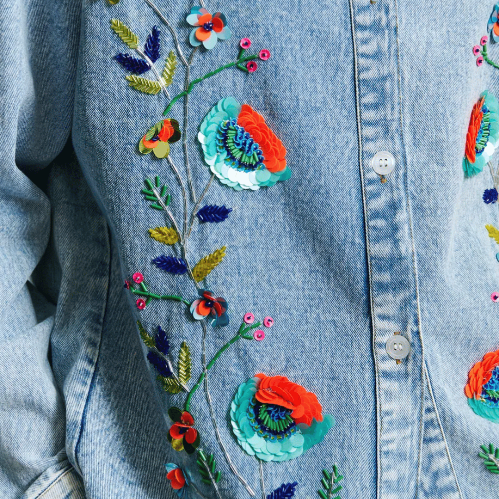 Essentiel Antwerp Icksonville Embellished Denim Shirt in Blue – International designer fashion boutique Australia Riada Concept Woollahra