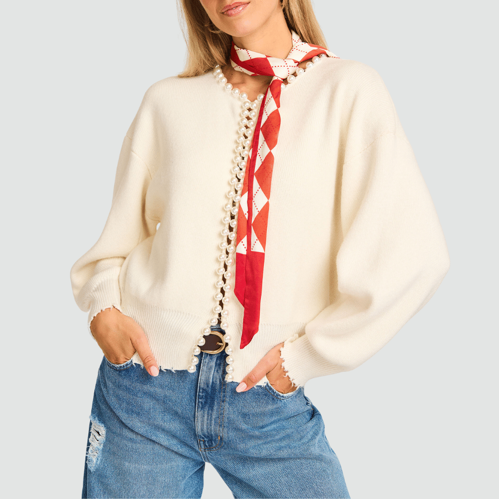 Essentiel Antwerp Ideas Pearl-Embellished Cardigan in Off-White – International designer fashion boutique Australia Riada Concept Woollahra