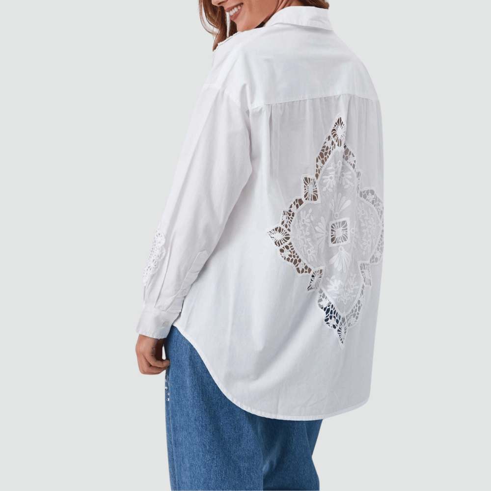 Essentiel Antwerp Identical Lace Patchwork Cotton Shirt in White – International designer fashion boutique Australia Riada Concept Woollahra