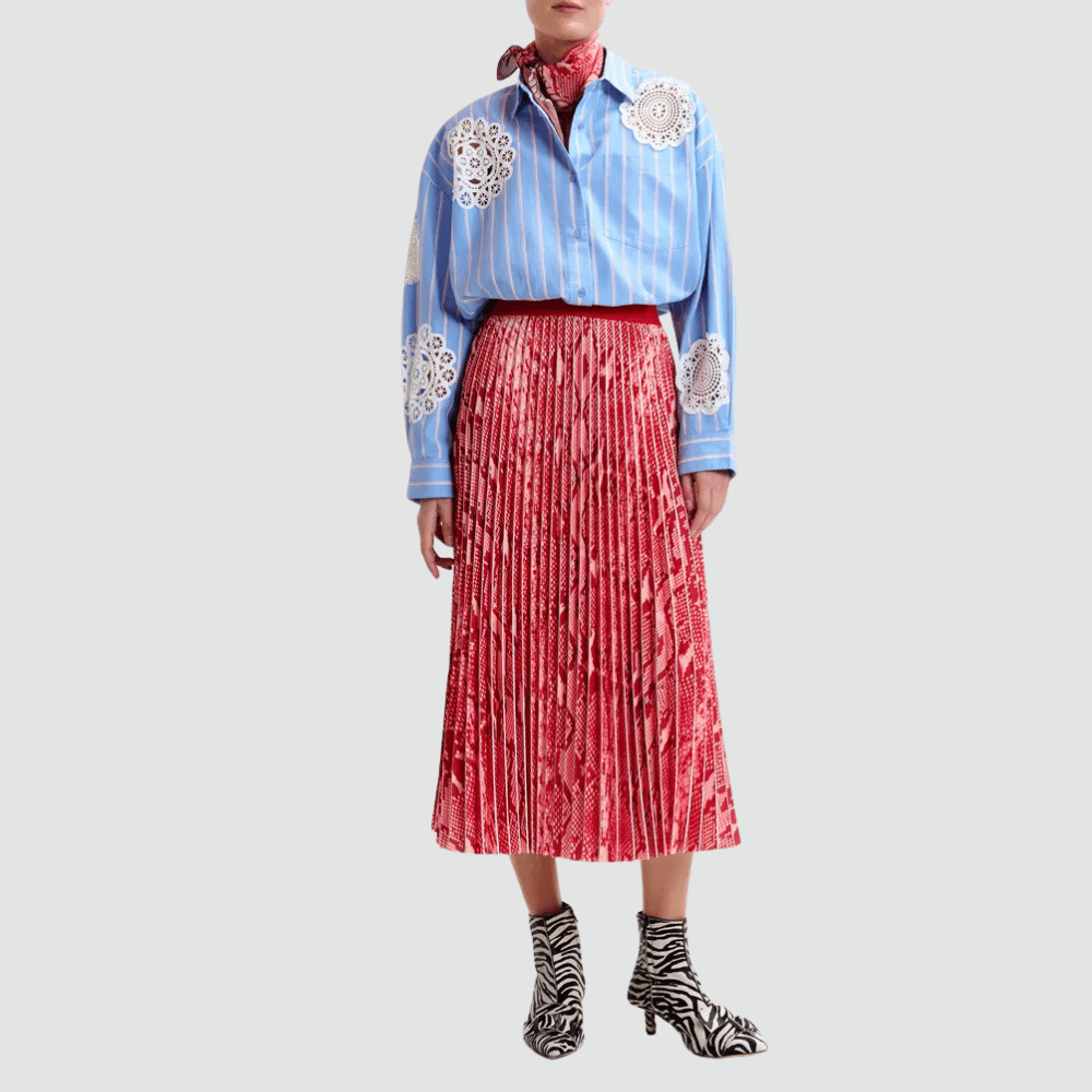 Essentiel Antwerp Indira Snake Print Pleated Midi Skirt in Red and Orange – International designer fashion boutique Australia Riada Concept Woollahra