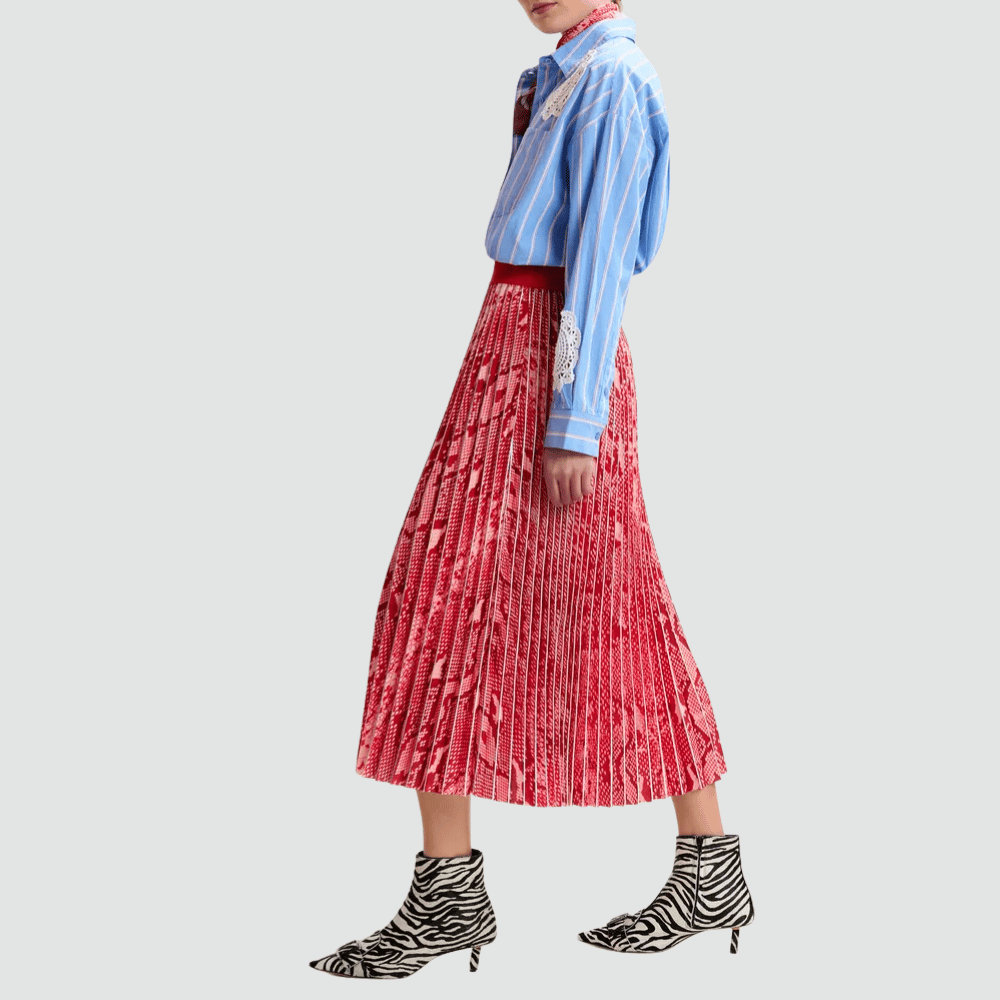 Essentiel Antwerp Indira Snake Print Pleated Midi Skirt in Red and Orange – International designer fashion boutique Australia Riada Concept Woollahra