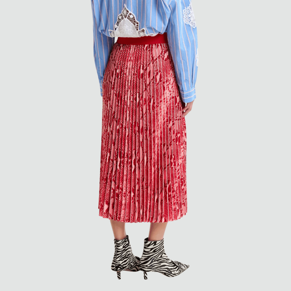 Essentiel Antwerp Indira Snake Print Pleated Midi Skirt in Red and Orange – International designer fashion boutique Australia Riada Concept Woollahra