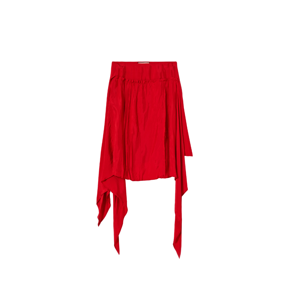 Plan C Asymmetric Viscose Skirt in Fire Red with gathered detail and long draped side panels