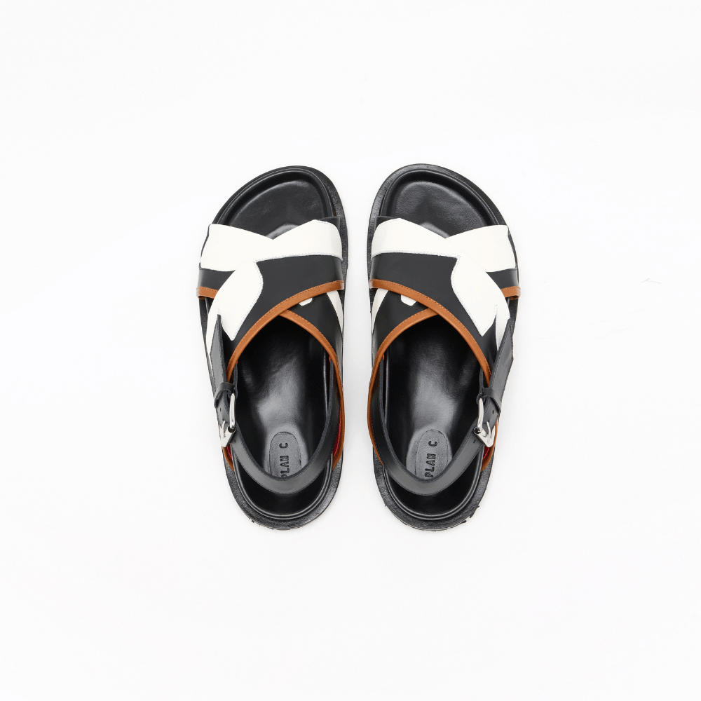 Plan C Flower Intarsia Leather Fussbett Sandals in Black with white floral cross straps