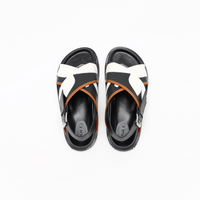 Plan C Flower Intarsia Leather Fussbett Sandals in Black with white floral cross straps