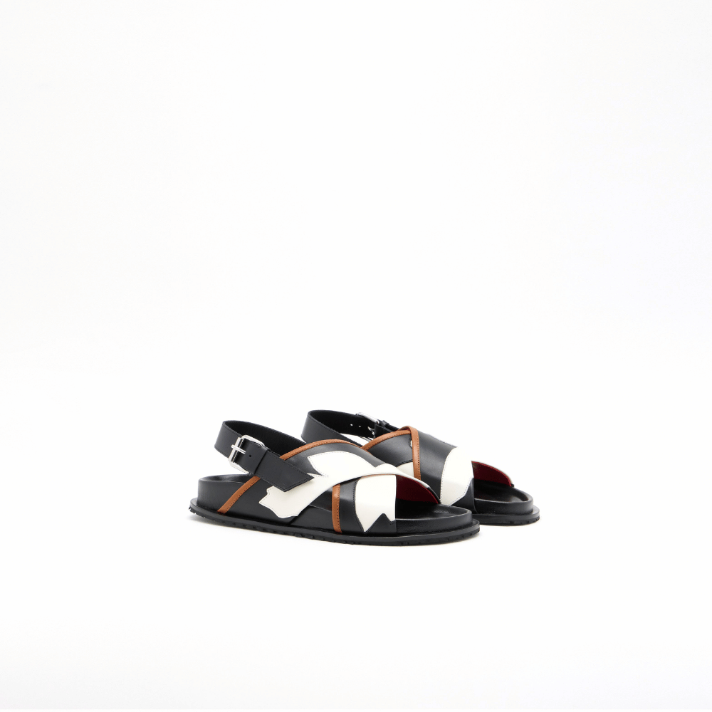 Plan C Flower Intarsia Leather Fussbett Sandals in Black with white floral cross straps - angle view