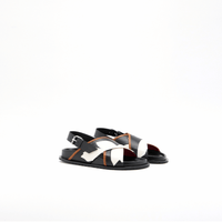 Plan C Flower Intarsia Leather Fussbett Sandals in Black with white floral cross straps - angle view