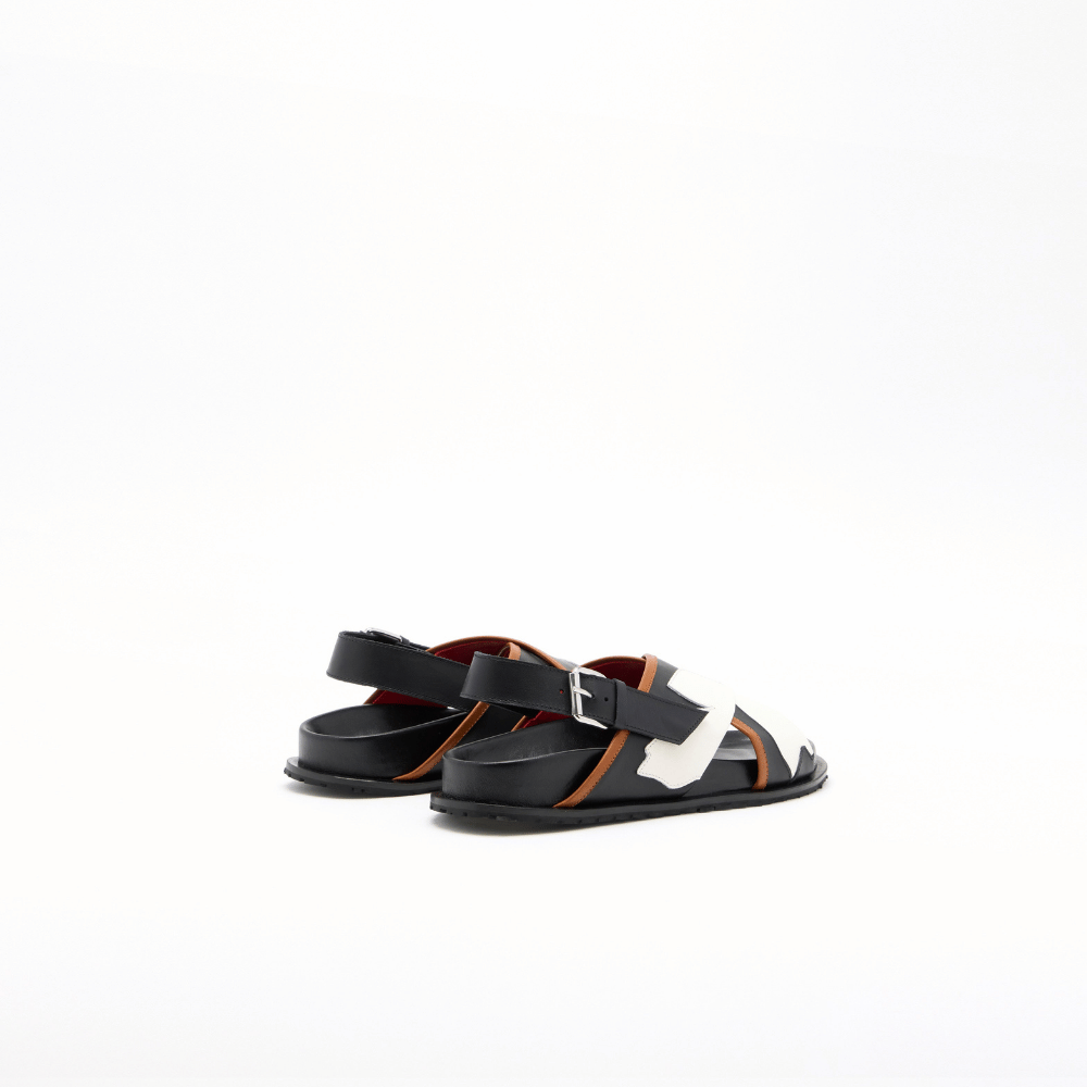 Plan C Flower Intarsia Leather Fussbett Sandals in Black with white floral cross straps - back view