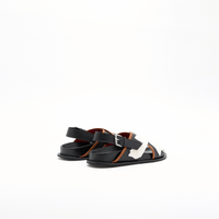 Plan C Flower Intarsia Leather Fussbett Sandals in Black with white floral cross straps - back view