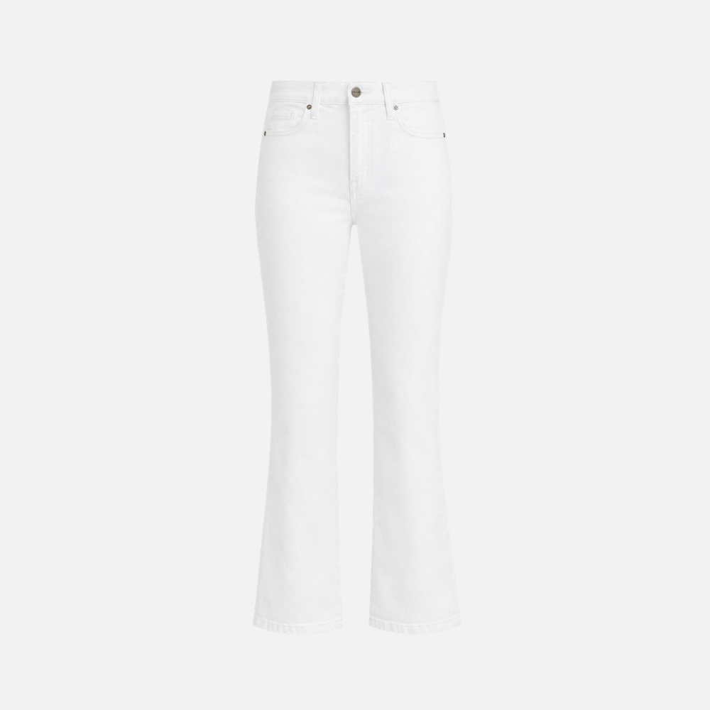 FRAME Le Crop Mini Boot jeans in Blanc at Riada Concept. High-rise white cropped bootcut jeans in soft comfort-stretch denim.