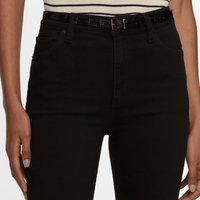 Close-up of FRAME Le Sleek Straight Jeans in Black at Riada Concept. High-rise ankle-length straight jeans in super-stretch black denim - with a black crocodile-embossed belt. Showing waistband, front pockets and belt loops.